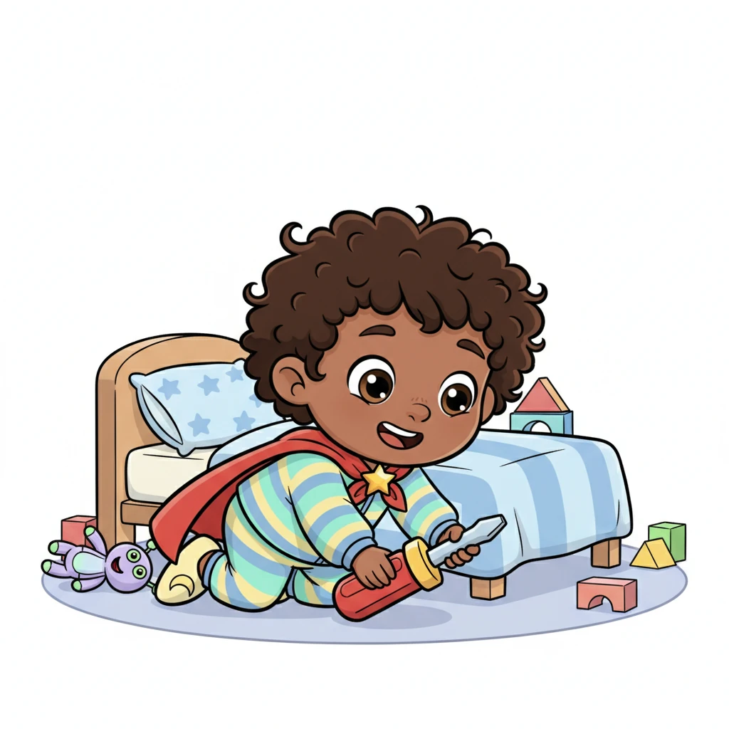 On the floor, next to his bed, lay a bright red toy screwdriver. Sachar's eyes lit up with excitement. He crawled over, picked up the chunky tool, and gave a determined little nod.