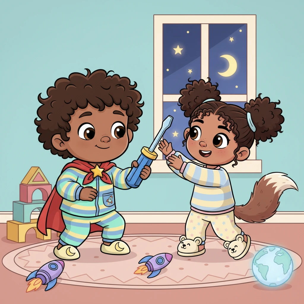 Nala, always curious, watched Sachar with wide, gleaming eyes. She playfully swatted at the screwdriver as he held it up, her tail swishing like a happy plume. She knew an adventure was about to begin!