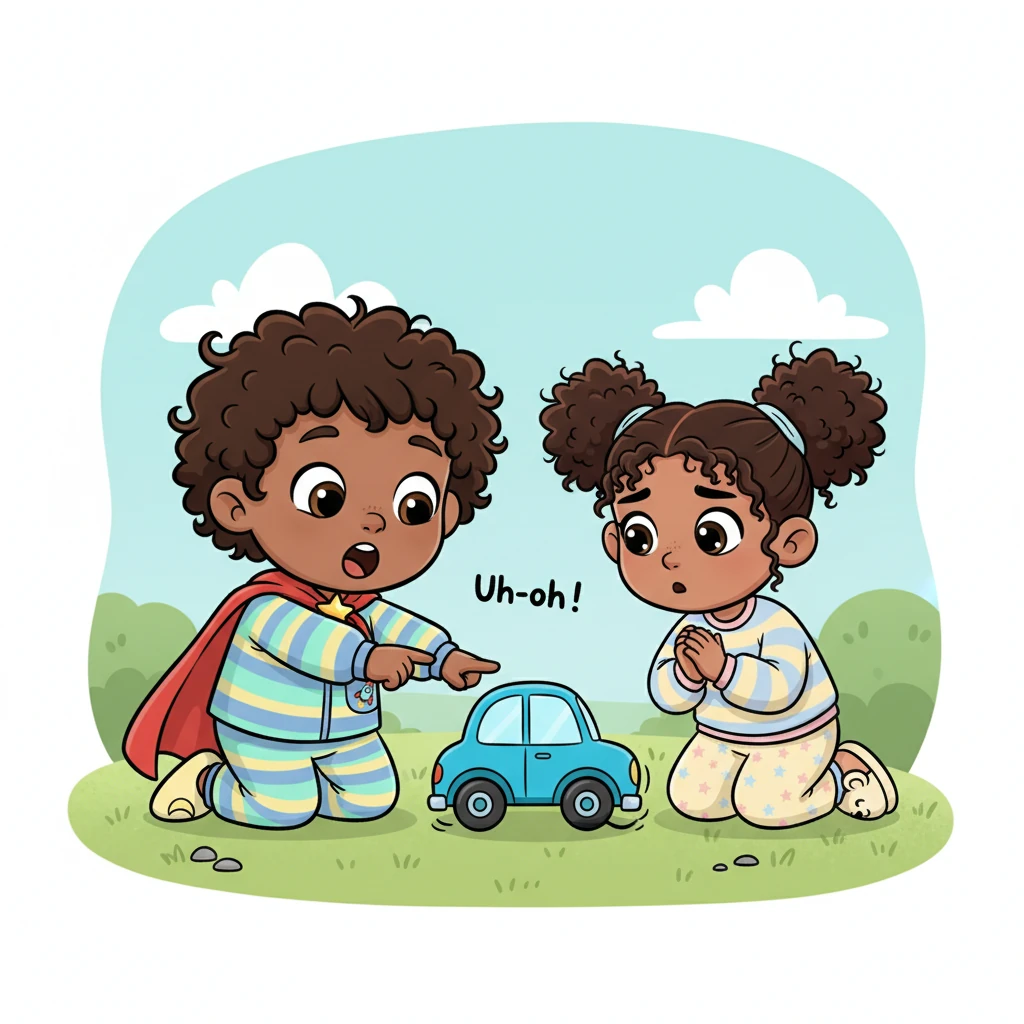 Sachar and Nala spotted a little blue car with a wobbly wheel. "Uh-oh!" Sachar cooed, pointing at the crooked wheel. It looked like the car needed a very important fix.