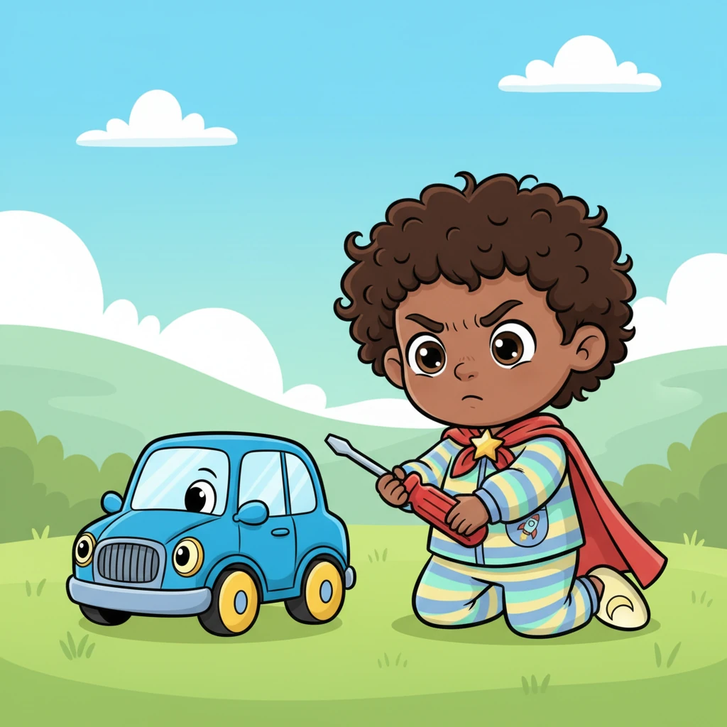Sachar carefully knelt beside the car, holding his red screwdriver with both hands. He gently tried to turn the wobbly wheel, his brow furrowed in concentration. He was a very serious little mechanic.