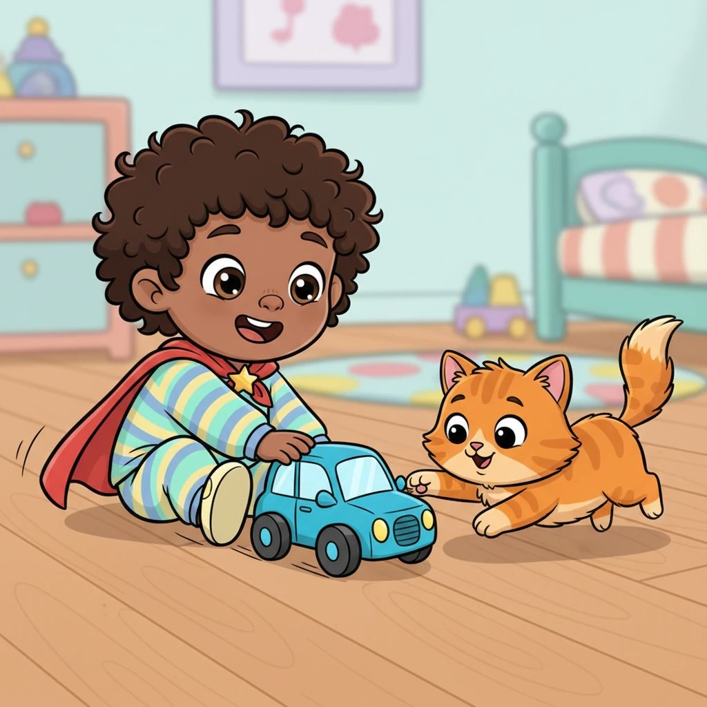 Sachar carefully pushed the blue car across the floor. It rolled much more smoothly now, zooming past Nala's playful paws. He giggled with delight, so proud of his fixing skills.