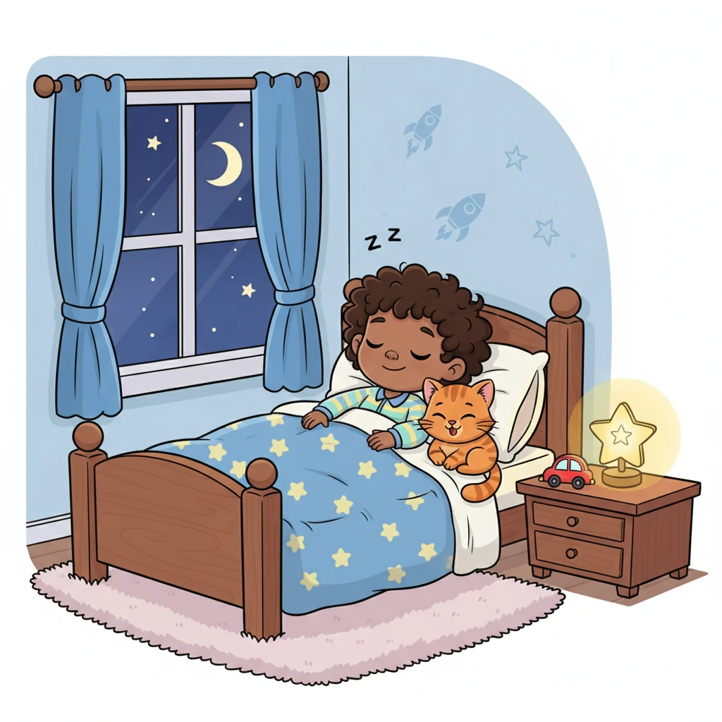 Soon, Sachar was back in his bed, snuggled tight with Nala purring gently beside him. He closed his eyes, dreaming of more cars to fix and more adventures with his best cat friend. Sweet dreams, Sachar!
