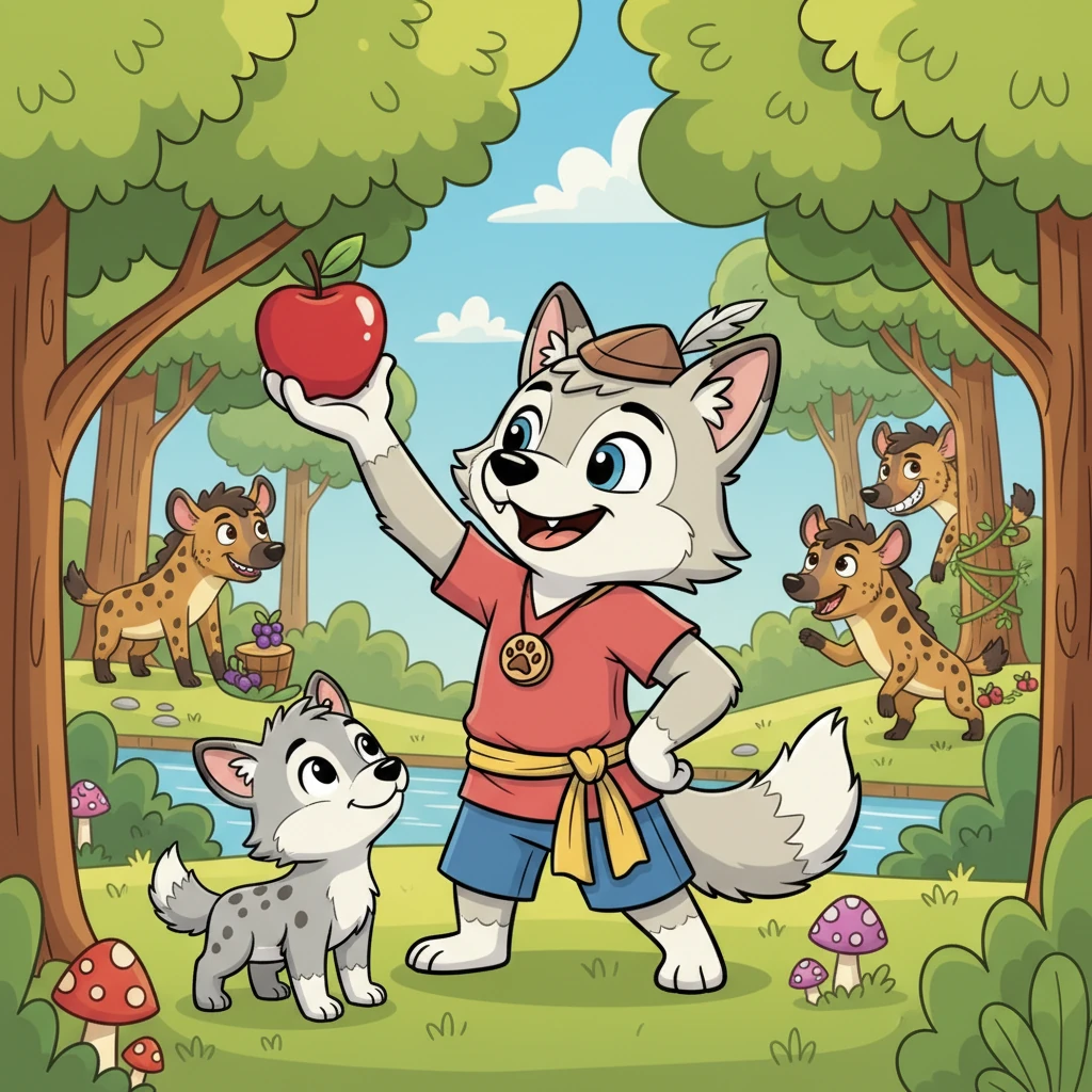 In a vibrant, emerald forest, two distinct groups of animals made their homes. The noble wolves, with their sleek grey coats, lived harmoniously, always helping one another. Meanwhile, the boisterous hyenas, with their shifty black and brown fur, were often found causing playful mischief in the distance.