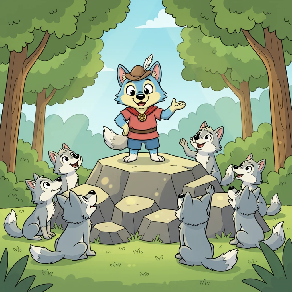 Towering above his pack on a sun-dappled rock was Mastan, the respected wolf leader. His fur was a distinguished grey, and his eyes held ancient wisdom as he addressed his loyal pack. "Friends," he called out, "stay together! We are always stronger when we help each other!" The surrounding wolves, their coats a lighter grey, chorused back, "Yes, Mastan!"