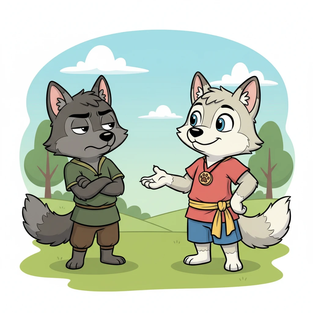 Among the pack, a dark grey wolf named Kora harbored a secret frown, his thoughts swirling with jealousy. "I am strong," he grumbled to himself, "why is Mastan the leader?" Mastan, sensing Kora's unease, turned to him with a gentle expression, reminding him, "Strength is good, Kora, but loyalty and kindness are far more important."