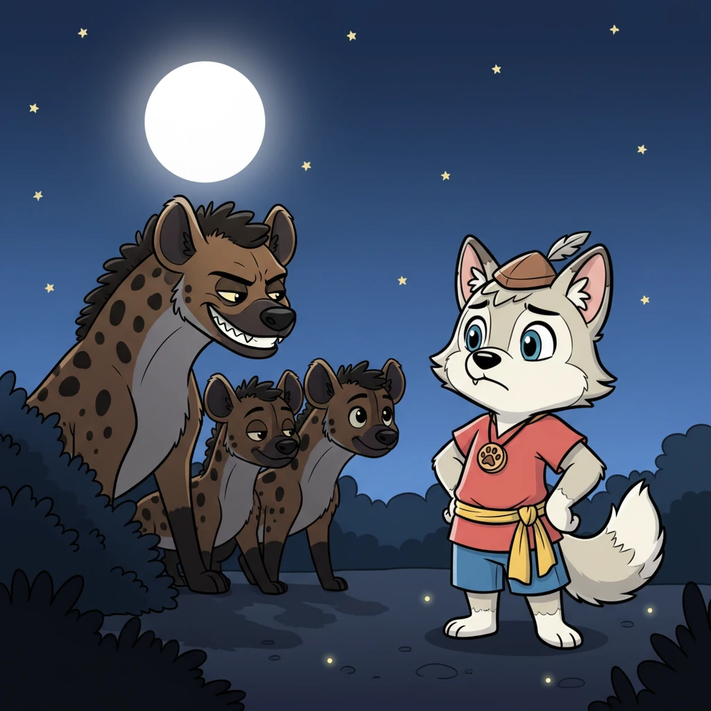 Under the gleaming white full moon and twinkling stars, Kora secretly slipped away one dark night. He met with the sly hyenas, their black and brown coats blending into the shadows, who emerged from behind a shadowy bush. Their leader, with a cunning grin, asked, "Will you help us beat Mastan?" Kora hesitated, replying, "I will not fight him directly."