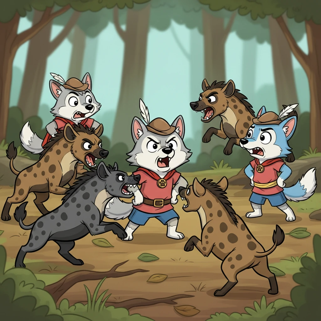 The very next day, the peaceful forest floor, a mix of brown and green, erupted into chaos as a fierce battle began. "Wolves, stay together!" Mastan bravely howled, his grey fur bristling as he stood his ground. But as he fought valiantly, surrounded by snarling black and brown hyenas, Kora was seen sneaking away, leaving the other wolves utterly shocked as their brave leader fell.