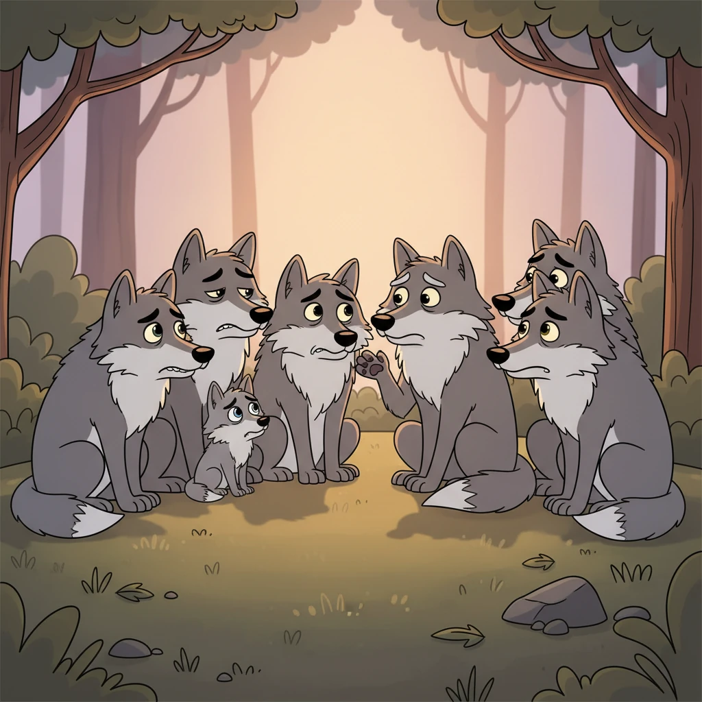 As the soft evening light filtered through the trees, the wolves, in various shades of grey, sat huddled in a mournful circle, their hearts heavy with sadness and confusion. A small, worried wolf whimpered, "What happened?" An old, wise wolf, his paw thoughtfully raised, declared, "We must find out who betrayed Mastan."