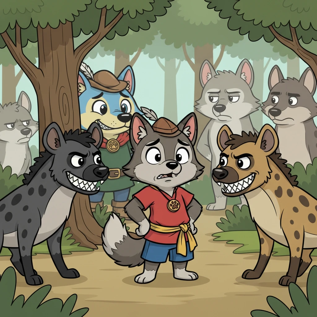 With heavy hearts, the wolves uncovered Kora's treacherous secret and swiftly devised a clever plan. In the next skirmish, the dark grey Kora was strategically placed at the front of the line. As the black and brown hyenas quickly surrounded him, no wolf emerged from behind the green forest trees to offer aid, leaving Kora utterly defeated.