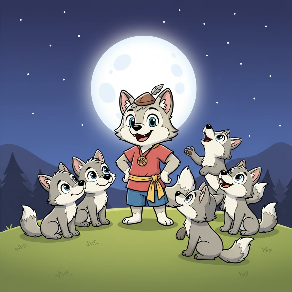 A new leader, radiating kindness and wisdom, proudly stood among the grey wolves under a brilliant full moon and twinkling stars. With their bond stronger than ever, the wolves lived happily, their hearts filled with the enduring lesson from Mastan: "Unity, honesty, and loyalty make us strong."