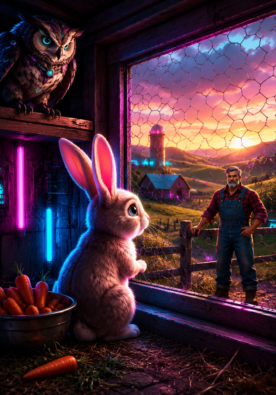 Barnaby the rabbit lived in a cozy wooden hutch at the edge of a quiet farm. While his bowl was always full of carrots, he spent his afternoons staring through the wire mesh at the rolling green hills in the distance.
