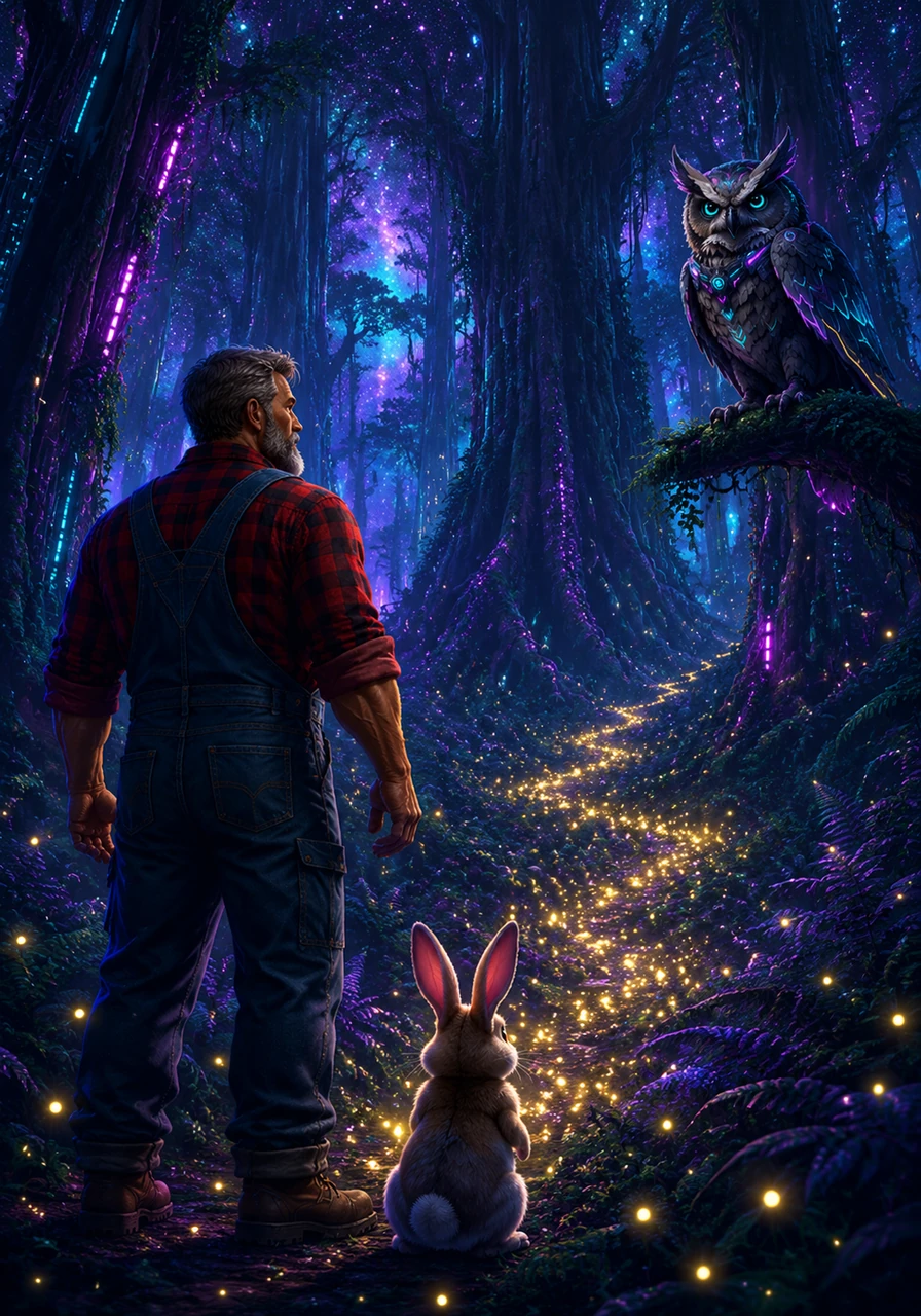 He reached the edge of the great forest, where the ancient trees seemed to touch the stars. Thousands of tiny fireflies began to glow, lighting a path through the ferns like a trail of fallen diamonds.