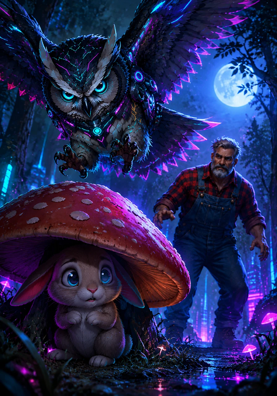 Suddenly, a loud hoot echoed from the branches above, and a large owl swooped through the moonlight. Barnaby quickly scrambled under the broad cap of a spotted mushroom, his little heart thumping against his ribs.