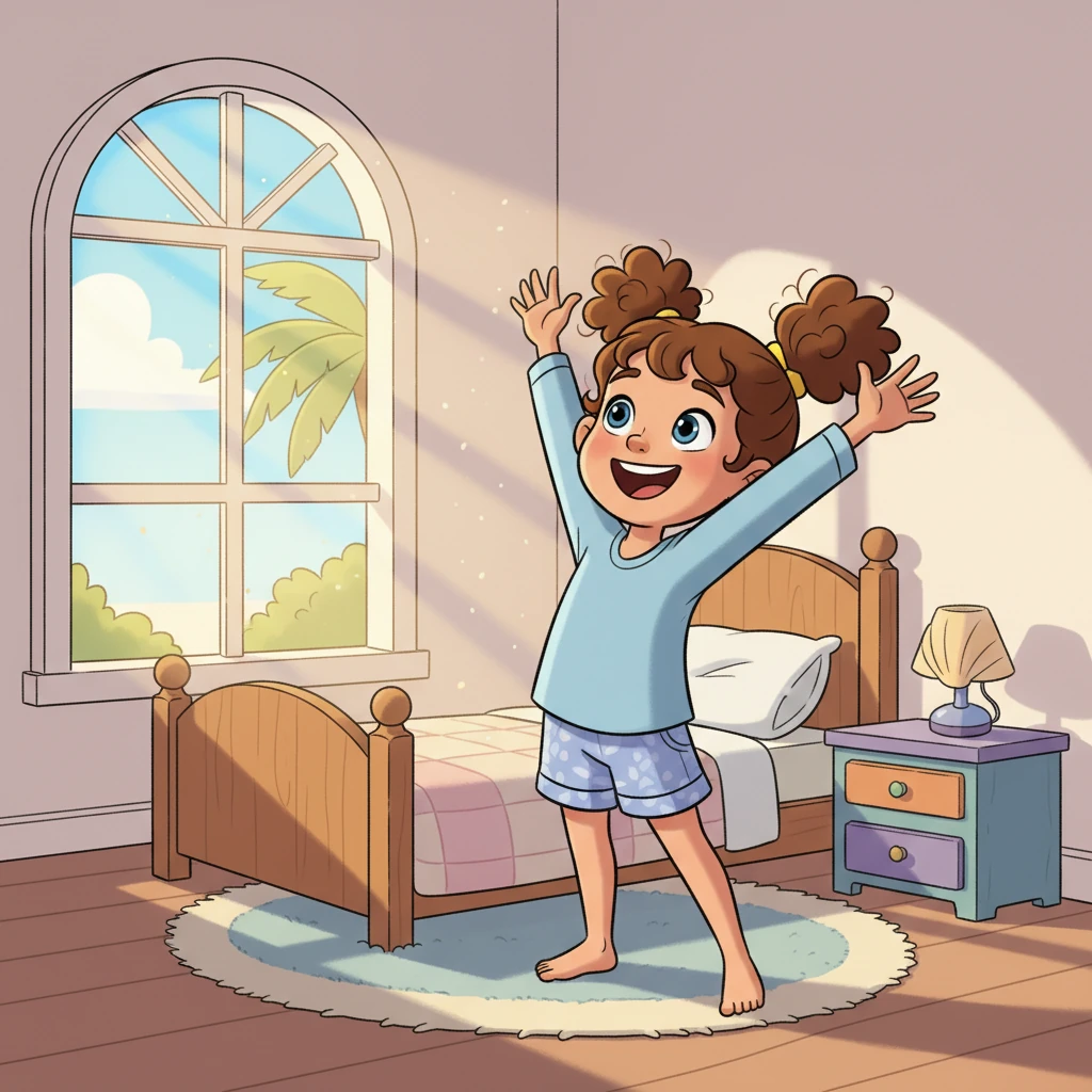 The morning sun peeked through Lily's window, waking her with a warm, happy glow. She stretched her arms high, her eyes sparkling with excitement for the day ahead. Today was going to be a perfect beach day!