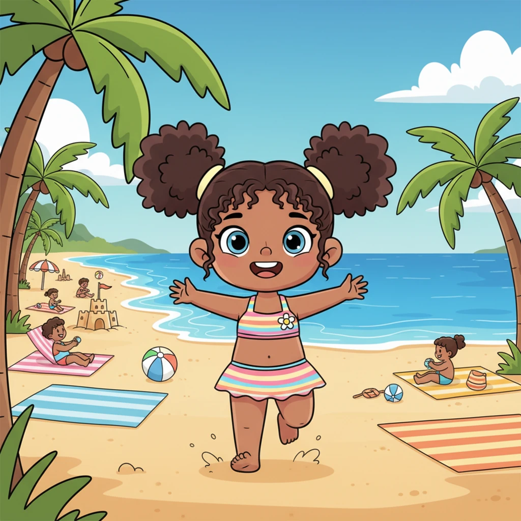 Soon, Lily arrived at the bustling beach, a vibrant tapestry of colorful towels and joyful sounds. The ocean stretched out before her, a dazzling blue, inviting her to come and play. Palm trees swayed gently, welcoming her to her sunny adventure.