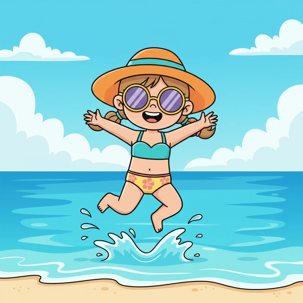 With a whoop of delight, Lily ran towards the water, feeling the cool waves lap at her ankles. She splashed and giggled, jumping over the tiny ripples as they rolled onto the shore. The water felt so refreshing and fun on such a warm day.