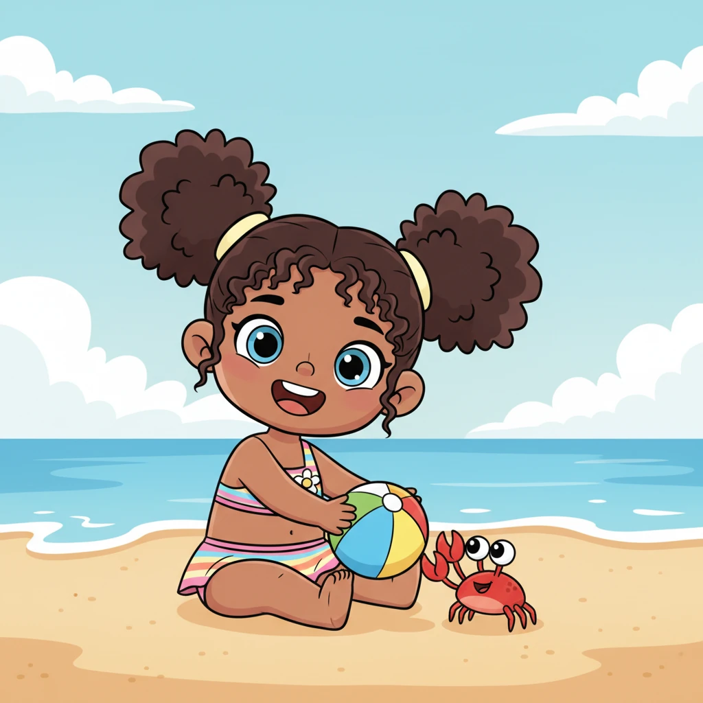 A tiny, friendly crab scuttled by, its eyes peeking up at Lily. She gently rolled a small beach ball towards it, and the crab playfully nudged it back with its claw. Lily laughed, happy to have a new friend to share her beach fun with.