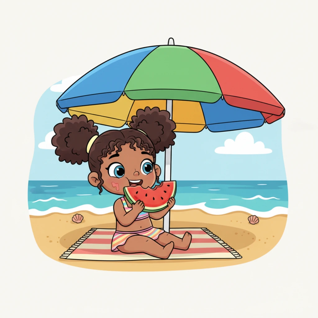After all her adventures, Lily relaxed under a big, colorful umbrella, enjoying a juicy slice of watermelon. The sweet fruit was the perfect treat to cool down and recharge. She felt so content, watching the waves roll in.