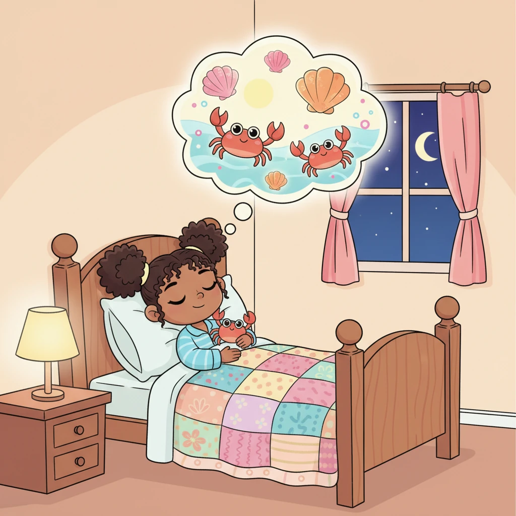 Back in her cozy bed, Lily drifted off to sleep, dreaming of shimmering seashells, playful crabs, and her next sunny adventure at the beach. Her heart was full of joy and the promise of more fun to come.