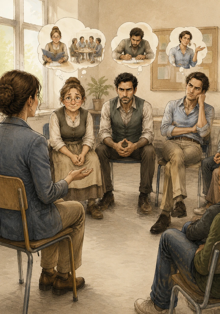 In a bright adult education classroom, the students sit in a wide semicircle as their instructor asks about their goals for the course. Gerda looks thoughtful yet hopeful, quietly wishing to master reading and writing while connecting with others, though her goals feel vague. Next to her, Mahmoud sits with intense focus, driven by the clear pressure to pass his upcoming language exam, while impatient Pino wonders why they focus so much on basic grammar when he can already speak fluent German.