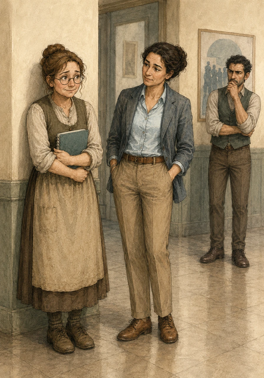 During a brief break in the hallway, the contrast between the students' backgrounds creates a quiet, invisible barrier. Gerda stands by the wall holding her notebook, looking a bit self-conscious but offering a friendly smile. Nearby, Salima watches her with gentle curiosity, wondering why a native speaker like Gerda needs to be in this class, while Mahmoud stands anxiously in the background near a poster advertising the upcoming integration exam.