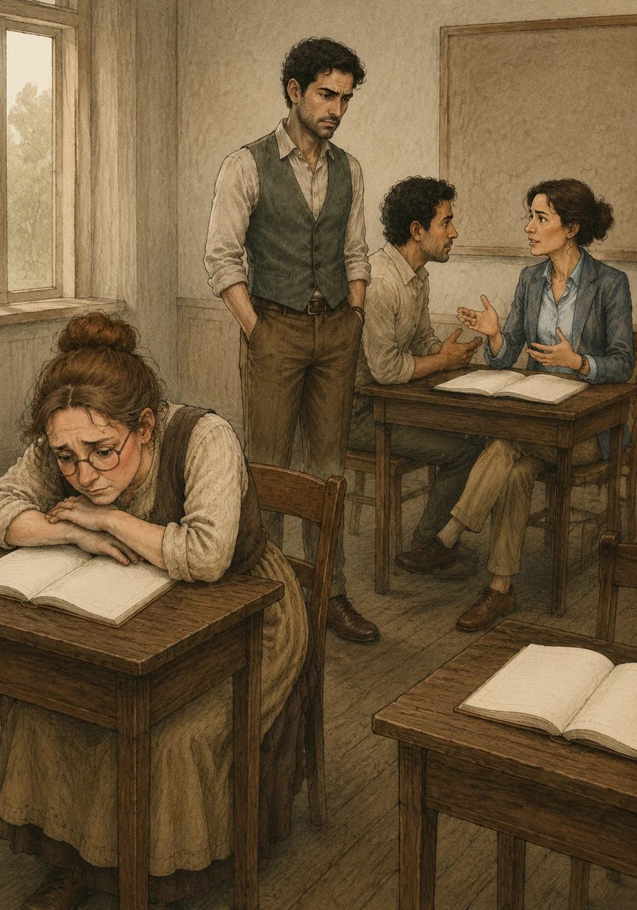 Back in the classroom, the challenge of teaching such a diverse group becomes heavy and overwhelming for the instructor. Gerda sits slightly apart, leaning deeply over her notebook with a sense of shame, seeking a safe space away from the fluent speakers. Meanwhile, Mahmoud and Salima practice speaking exercises together in the background, leaving the instructor feeling utterly torn between teaching basic literacy and advanced grammar.