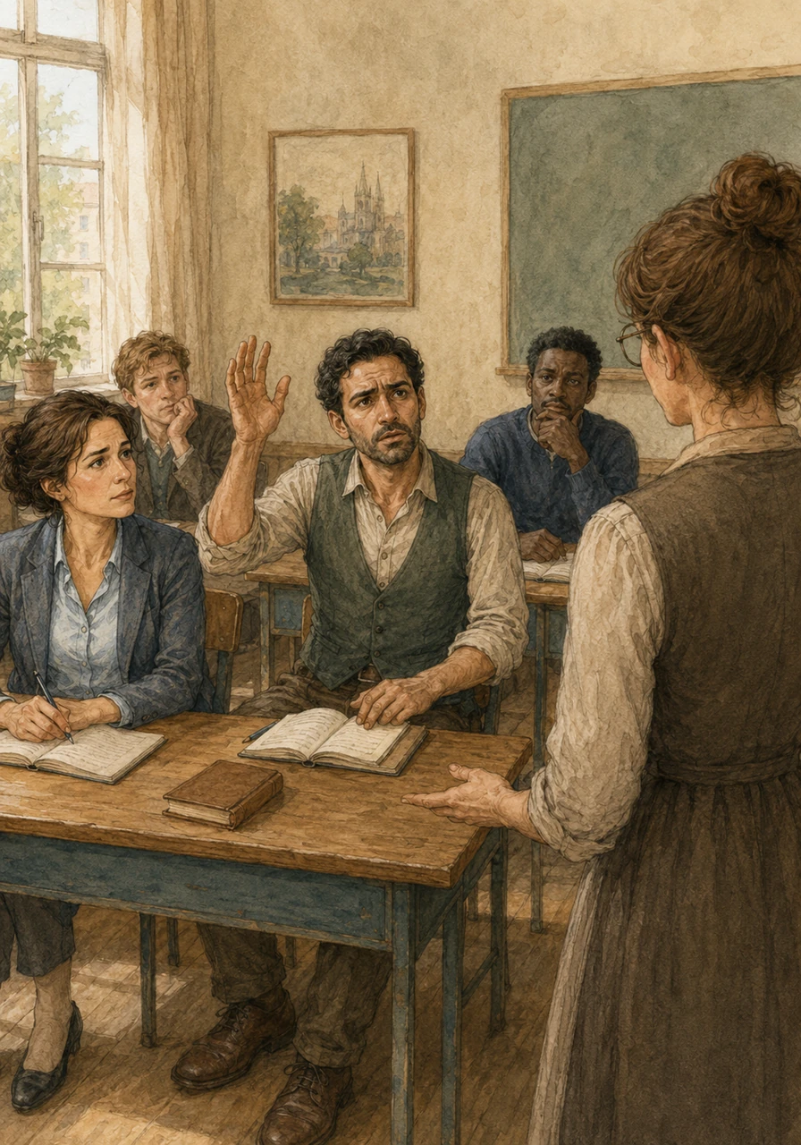 The difficulty of the mismatched curriculum peaks during a vocabulary lesson, exposing the gaps in the students' fundamental knowledge. Mahmoud raises his hand with a puzzled and hesitant expression, unsure of a word that seems basic to native speakers. He looks directly at the teacher and asks what the word ivy means, highlighting how even advanced speakers trip over everyday vocabulary.