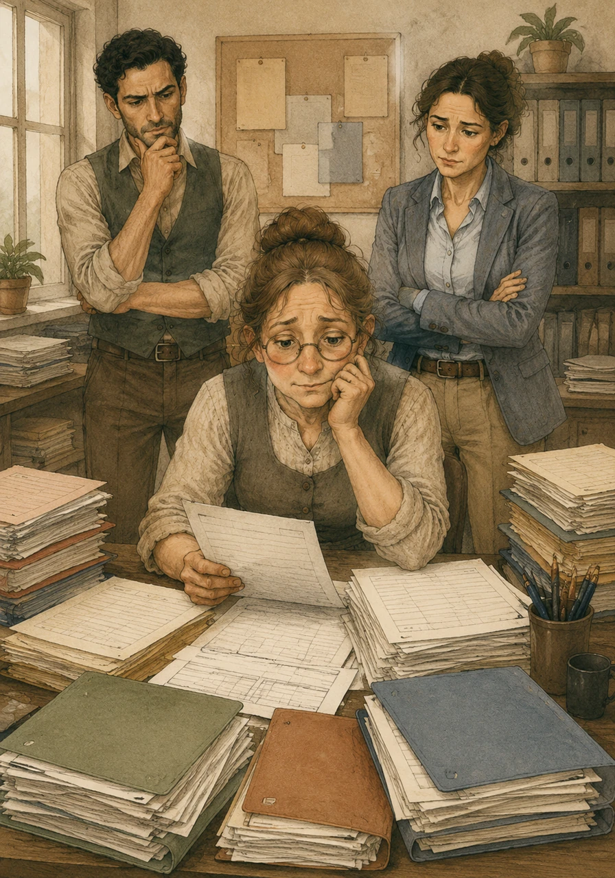Seeking a solution, the instructor sits at her desk in the administration office, surrounded by stacks of student files and registration forms for different course levels. She looks at labels like Alphabetization Plus and Second Language Kurs, feeling overwhelmed by the lack of clear diagnostic tools. She stares at the paperwork, deeply pondering how to accurately assess whether a new student belongs in a basic literacy class or an advanced language program.