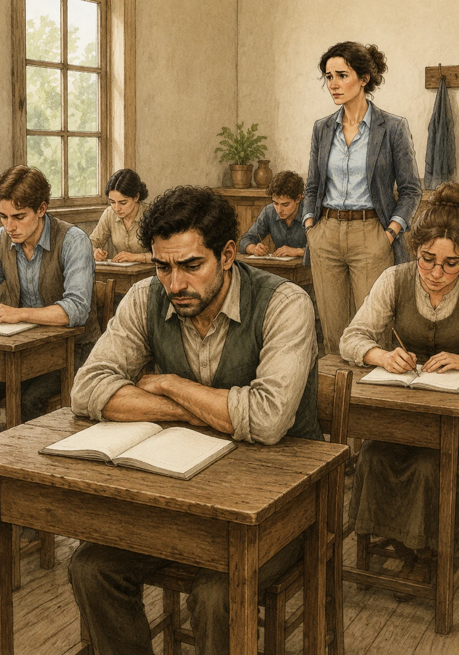 During a quiet self-study phase back in the classroom, the heavy emotional burden of the students' past lives becomes visible. Mahmoud sits frozen at his desk, his notebook open but untouched, his shoulders slumped and his gaze completely empty and exhausted. The other students work diligently around him, while the instructor watches from a distance with deep worry, wondering if bad news from his homeland has stolen his focus.