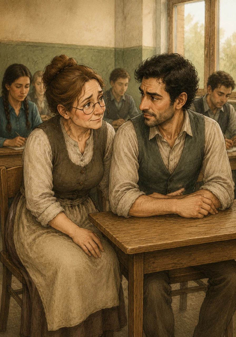 Recognizing the unspoken weight in the room, the instructor gathers her courage and approaches Mahmoud's desk with a gentle, supportive smile. She sits down beside him and speaks softly, offering an open ear and a safe space rather than pushing him to complete his classroom assignments. Mahmoud looks up, his expression softening as he realizes his silent pain is seen and validated without judgment.