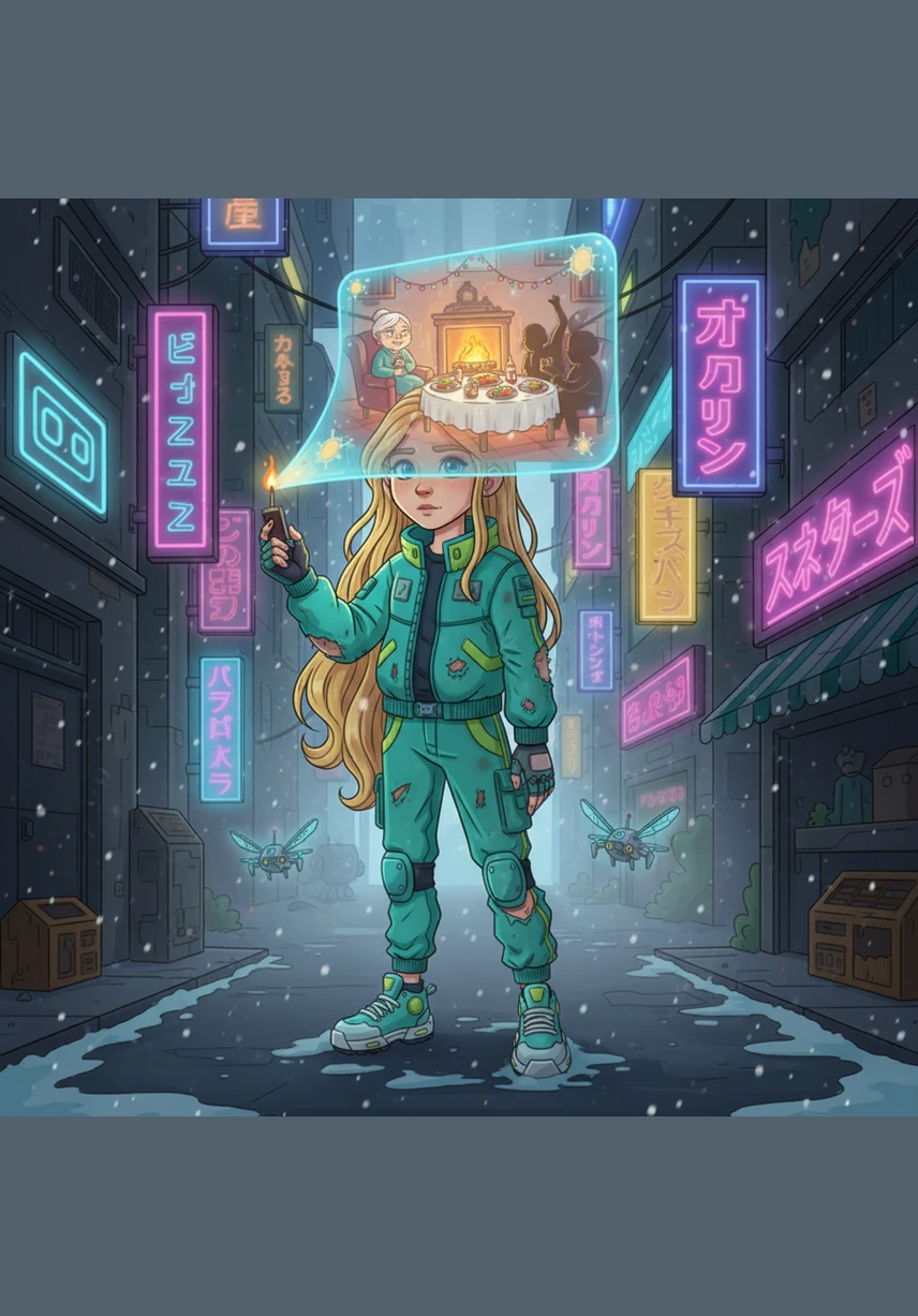 On a freezing New Year's Eve, young Elara walked through the snowy streets with her head and feet bare. She carried a bundle of matches in her old apron, hoping to sell just one to help her family. The snowflakes fell on her long golden hair, but she was too cold to notice the beauty around her.