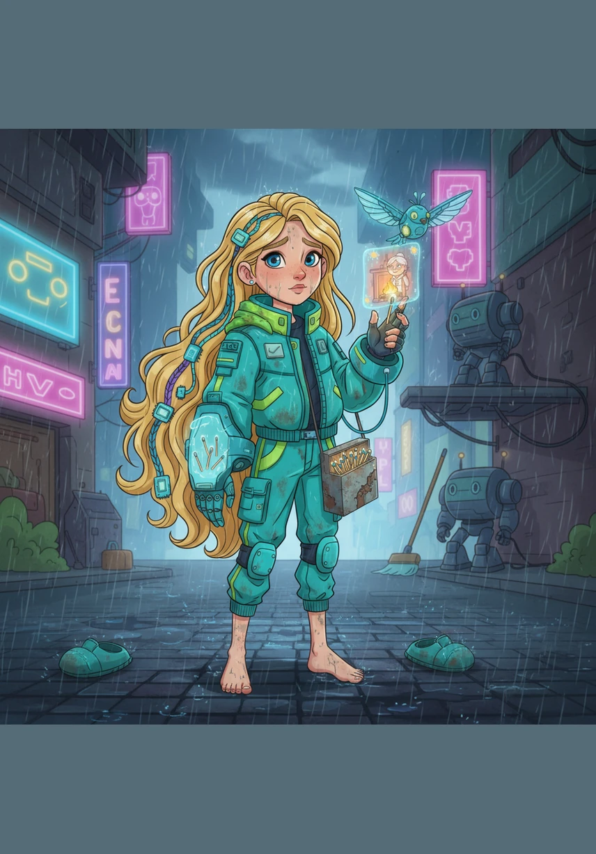 Earlier that day, Elara had lost her oversized slippers while running across the busy street to avoid two speeding carriages. Now her little feet were blue and red from the biting frost as she stepped through the deep, white snow. Not a single person had stopped to buy a match, and she dared not go home empty-handed.