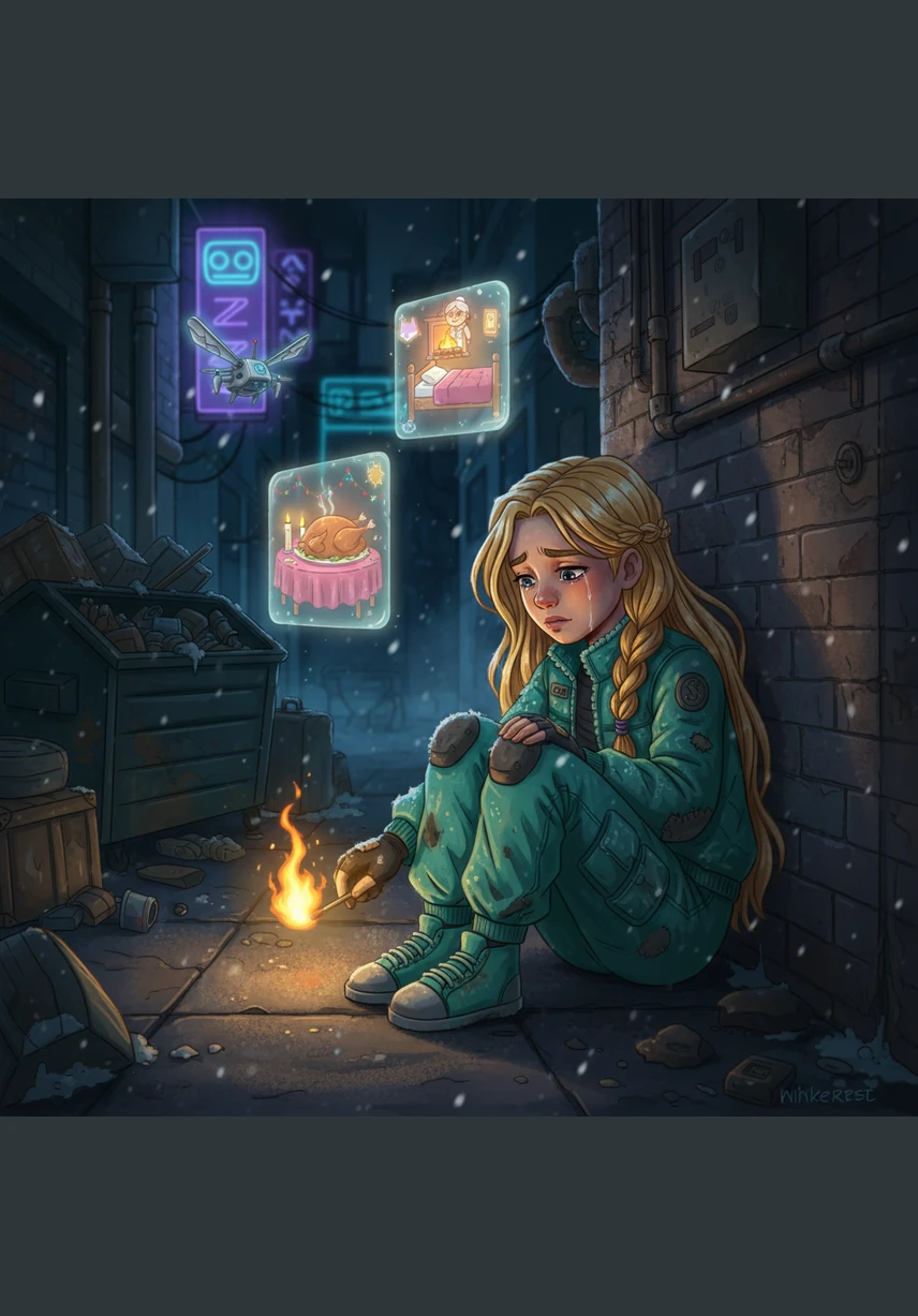 The match flickered out, and the stove vanished, leaving her once again in the dark, cold corner. She struck a second match, and this time the wall became transparent like a veil, revealing a table spread with a white cloth and fine china. A magnificent roast goose, stuffed with apples and dried plums, seemed to hop off the dish and waddle toward her.