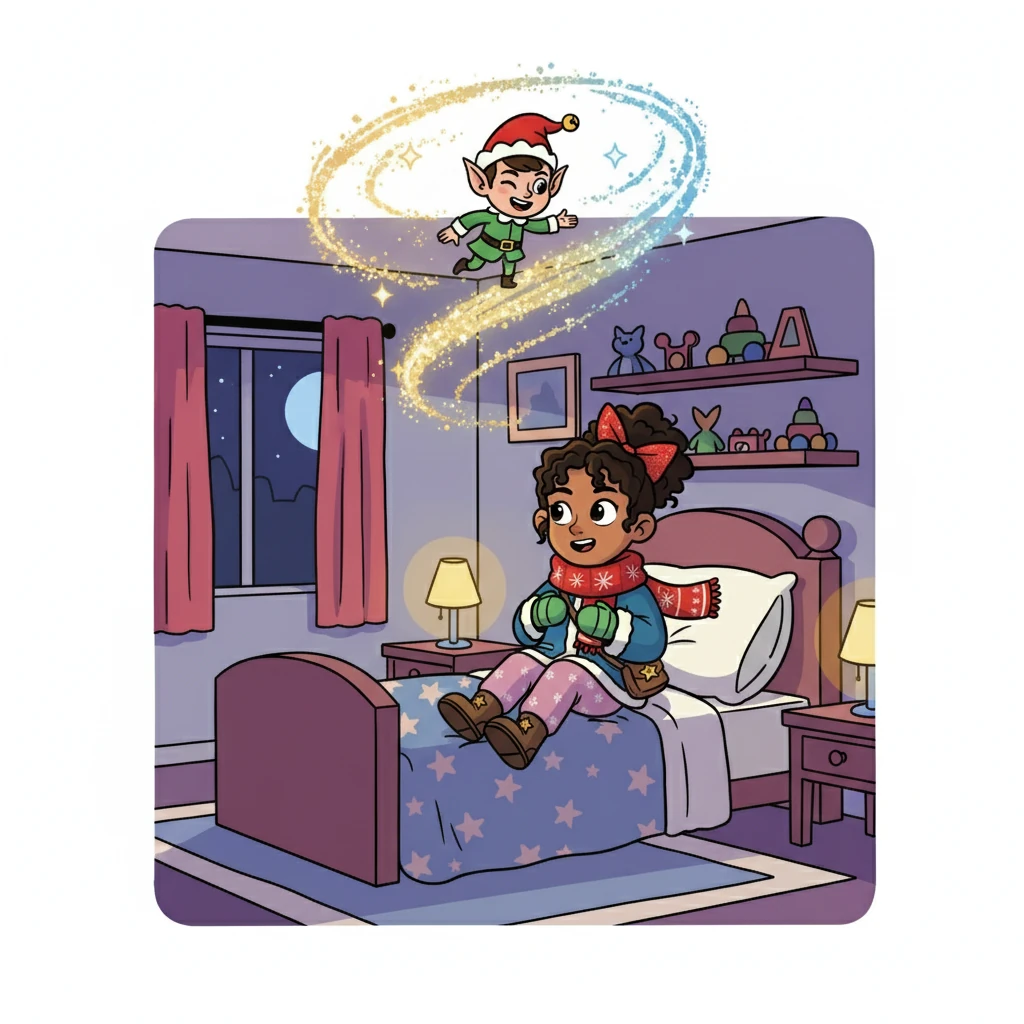 Suddenly, a twinkling light appeared, dancing above her bed. It swirled and shimmered, growing brighter until it formed a tiny, friendly elf! The elf winked and beckoned her to follow.