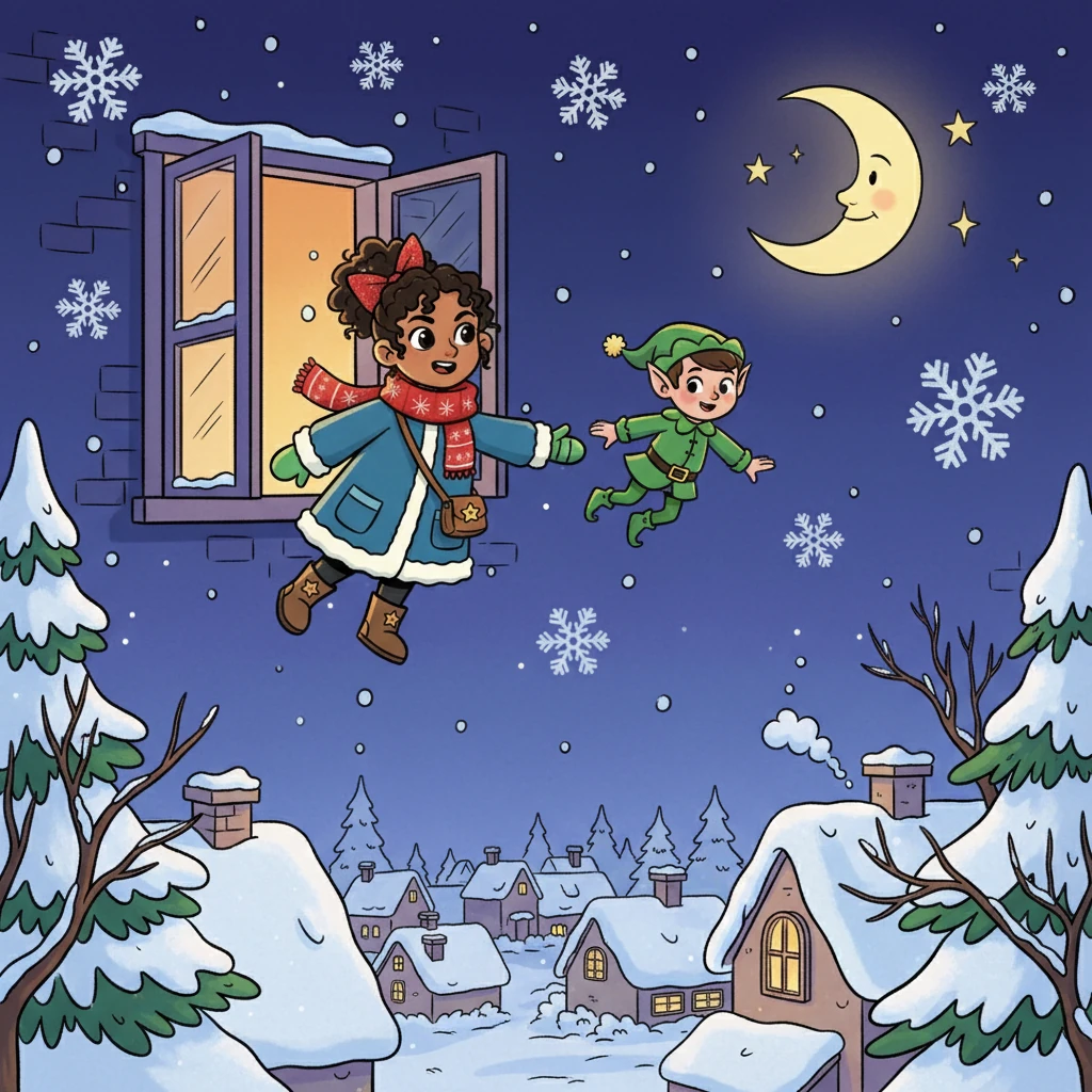 Celeste, filled with a mix of excitement and wonder, slipped out of bed and followed the elf. They floated through her window and into the snowy night. The air was crisp and filled with the scent of pine.