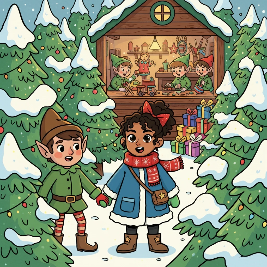 The elf led Celeste through a forest of glittering Christmas trees, their branches laden with snow. They arrived at a hidden workshop filled with busy elves, crafting toys and wrapping presents. Celeste gasped at the sight.