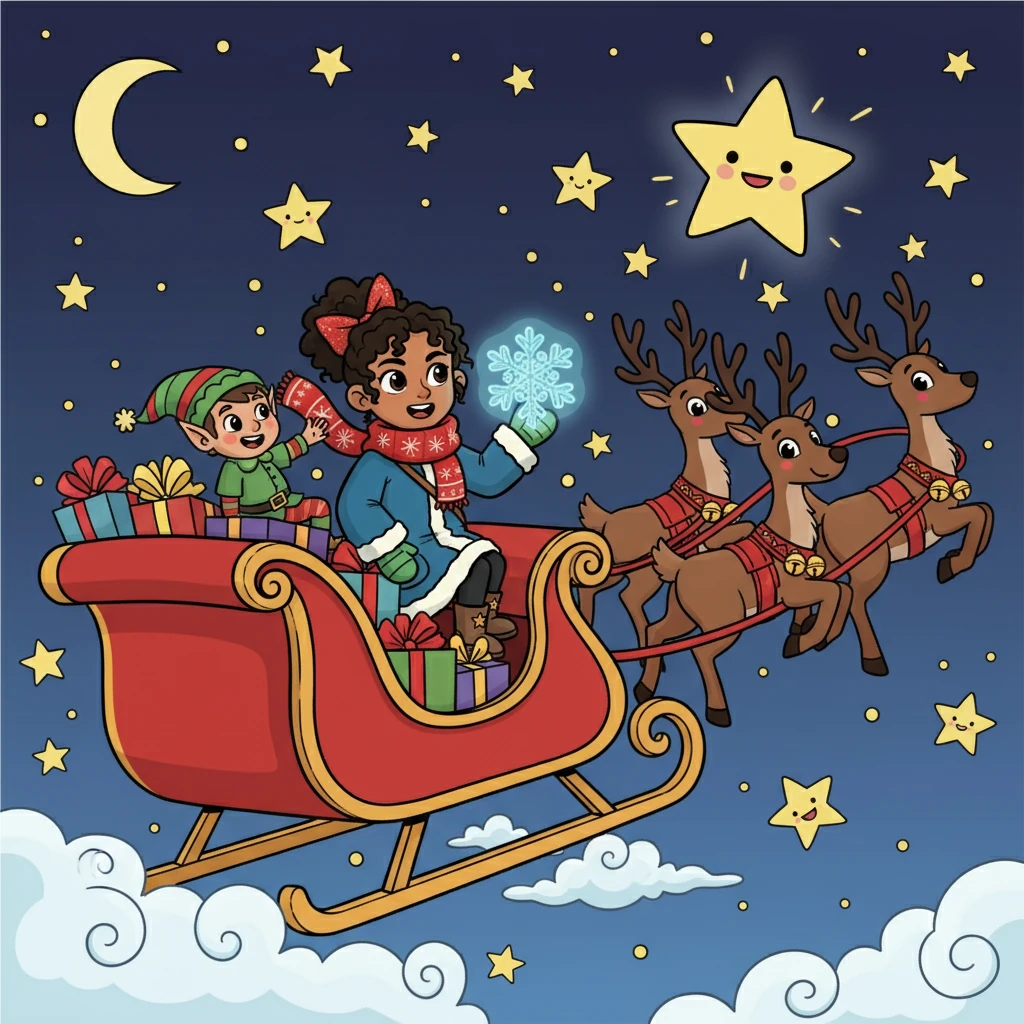 With the magical snowflake in hand, Celeste and the elf hopped onto Santa's sleigh. The reindeer soared through the night sky, their bells jingling merrily. Celeste waved to the sparkling stars.