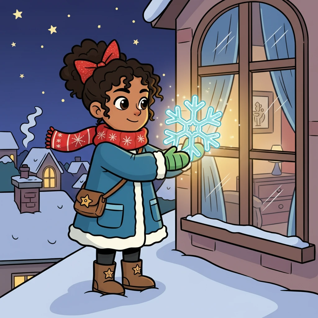 They landed on Lily's rooftop, where Celeste gently placed the snowflake on her window. The snowflake glowed, spreading warmth and happiness throughout Lily's home. Celeste smiled.