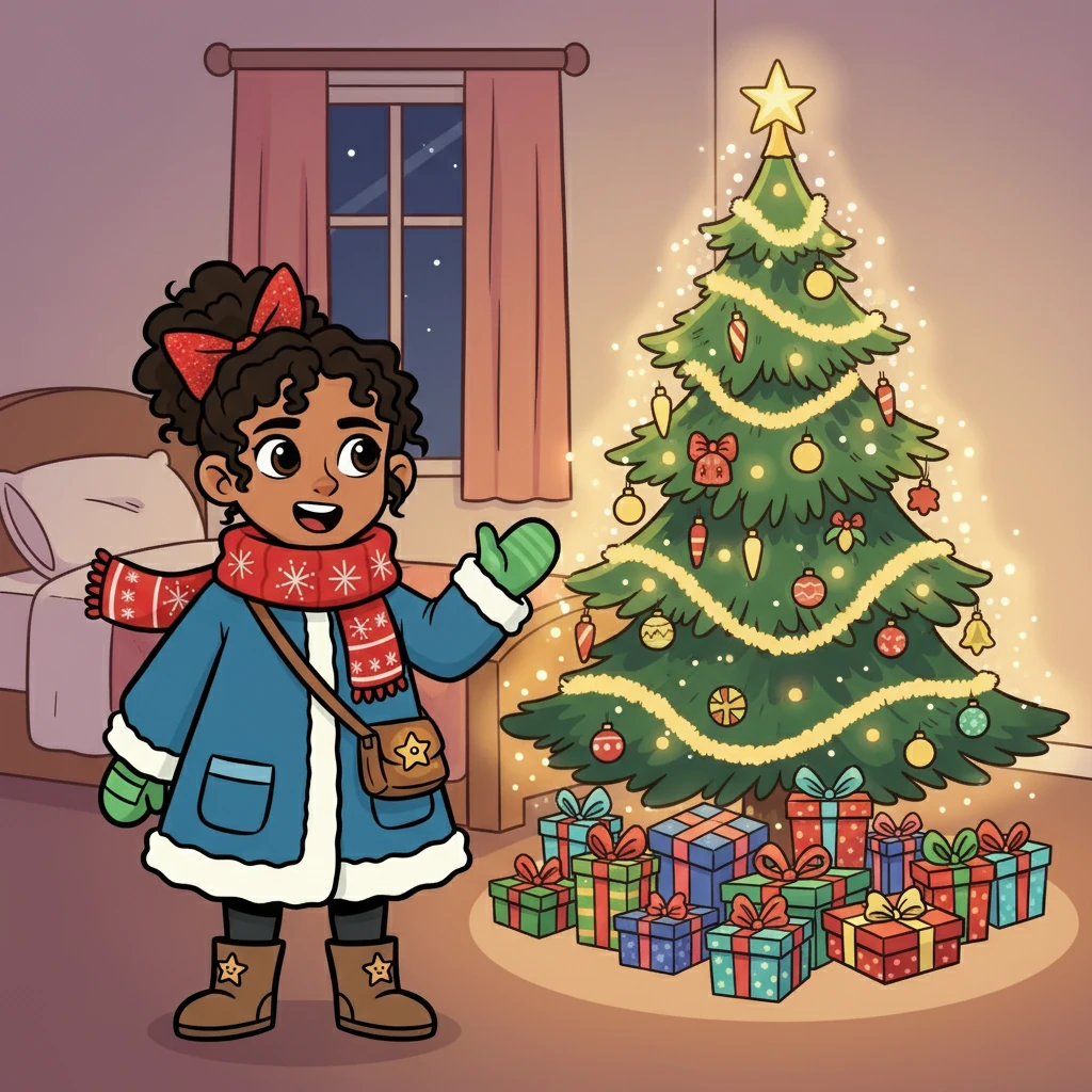 Lily, awakened by the magic, saw a beautiful Christmas tree appear in her room. Gifts magically materialized beneath it. She knew she wasn't alone anymore. Celeste felt a warm feeling in her heart.