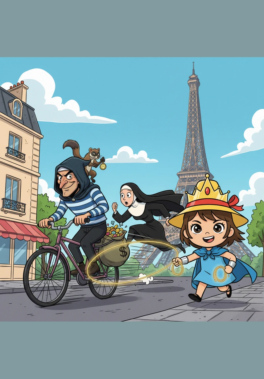 One afternoon, a mischievous thief snatched a lady's handbag near the Eiffel Tower and raced away on a fast bicycle. Without a moment's hesitation, Madeline reached into her pocket and pulled out a glowing, golden lasso that hummed with ancient power.