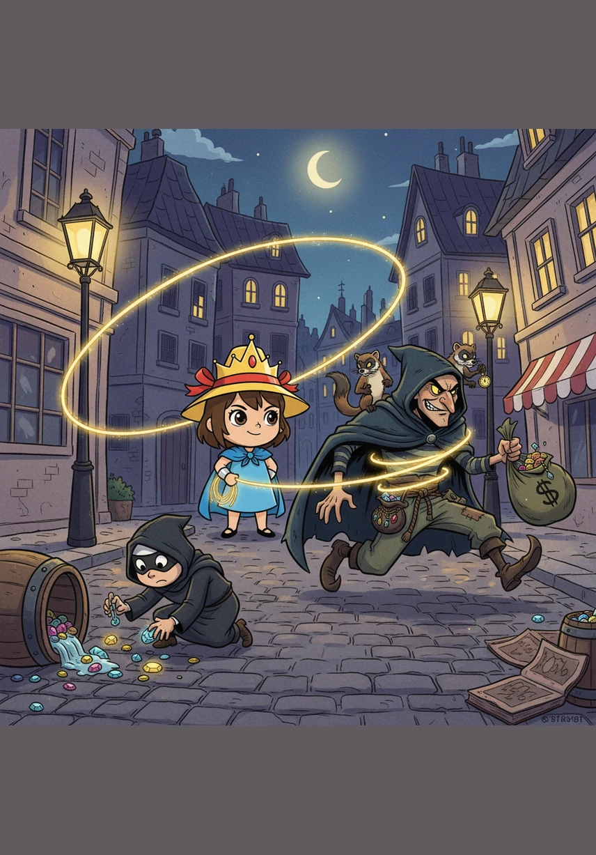 She spun the Lasso of Truth above her head, its golden light outshining the streetlamps of the busy city. With a flick of her wrist, the magical rope flew through the air, snaring the bicycle's wheel and bringing the villain to a sudden, tangled halt.