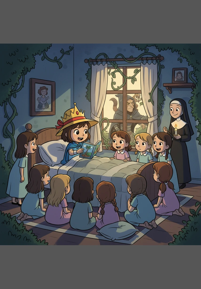 Back at the vine-covered house, the other eleven girls gathered around Madeline’s bed in the soft glow of the moonlight. She told them tales of hidden islands and ancient gods, showing them how to be brave even when the world feels very big and they feel very small.