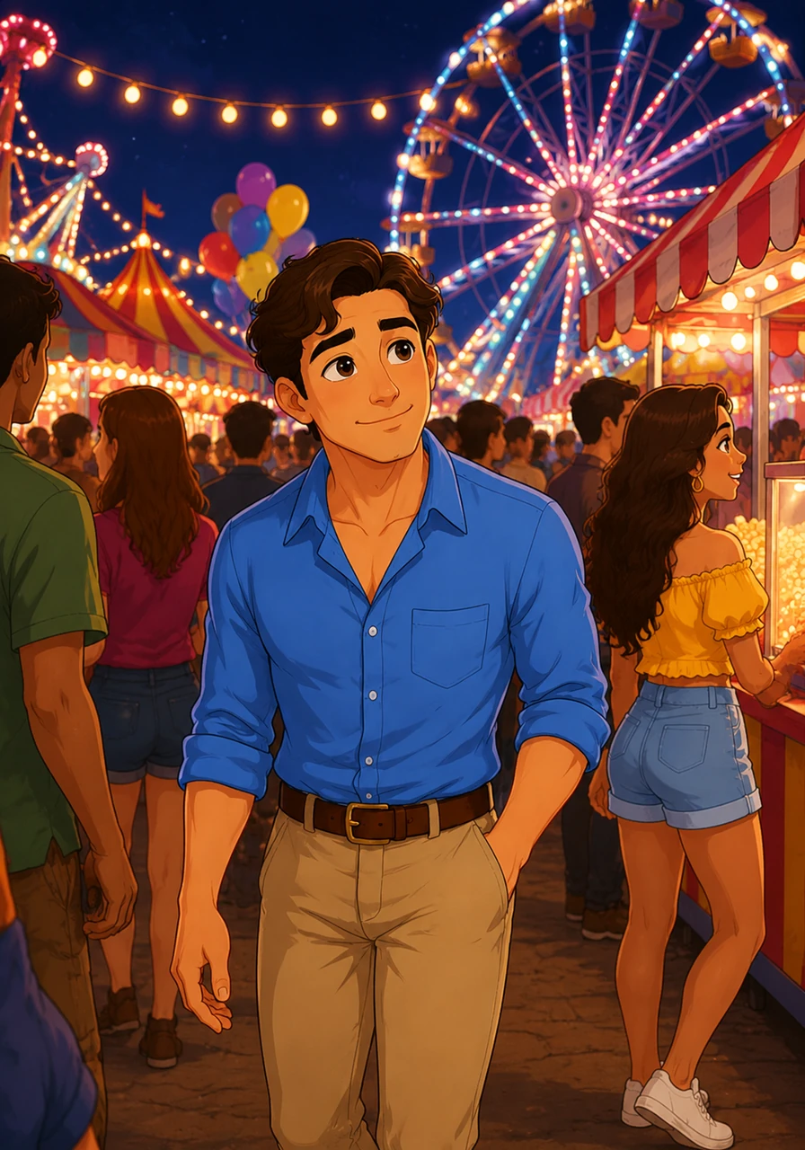 The carnival was a kaleidoscope of spinning lights and the sweet, heavy scent of popcorn and fried dough. Leo wandered through the bustling crowd, feeling the electric hum of the evening air vibrate against his skin.