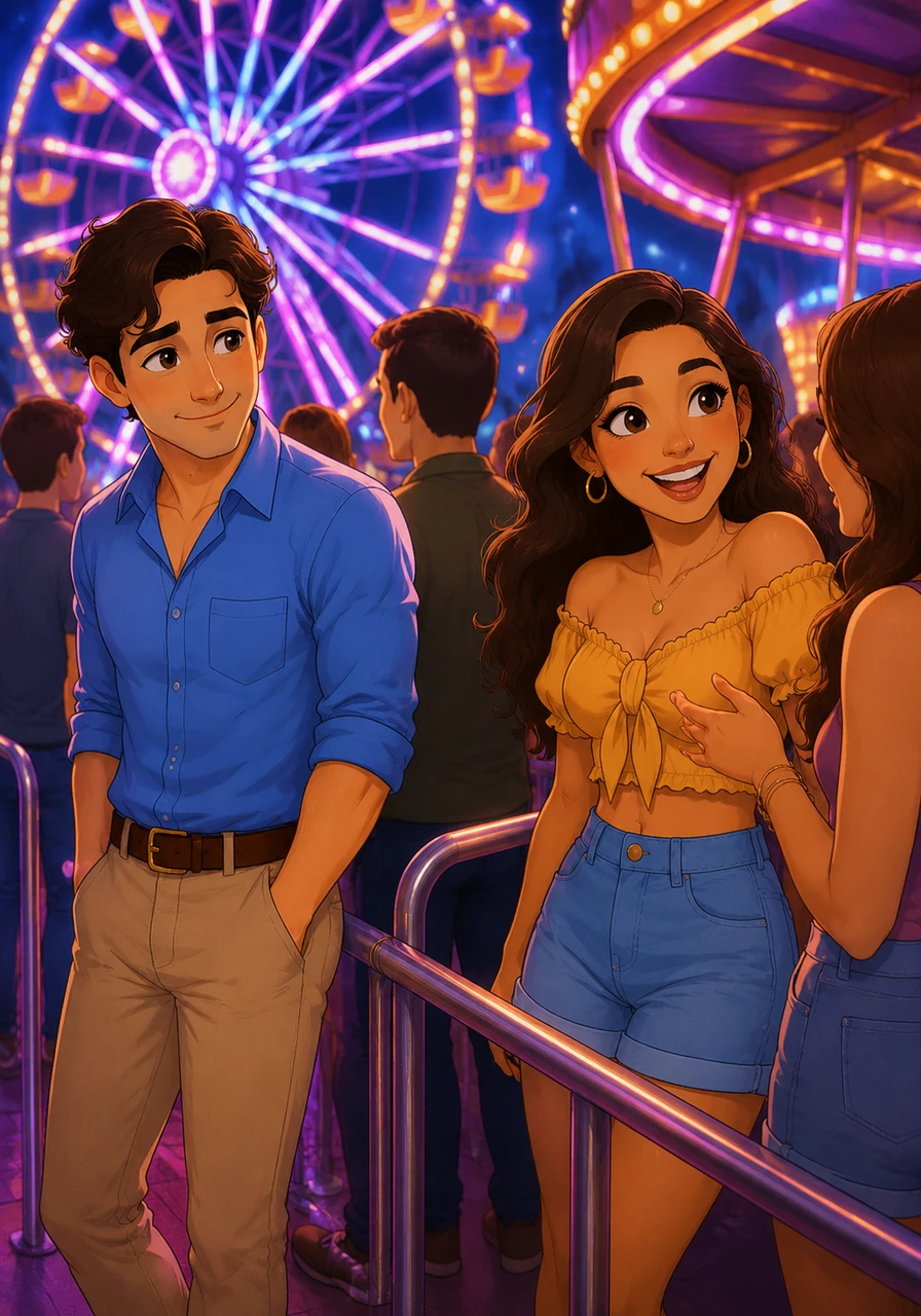 In the queue for the Ferris wheel, he locked eyes with Elena, who was laughing at a joke her friend made. The world seemed to slow down for a moment as their gazes met amidst the vibrant neon glow of the spinning attractions.
