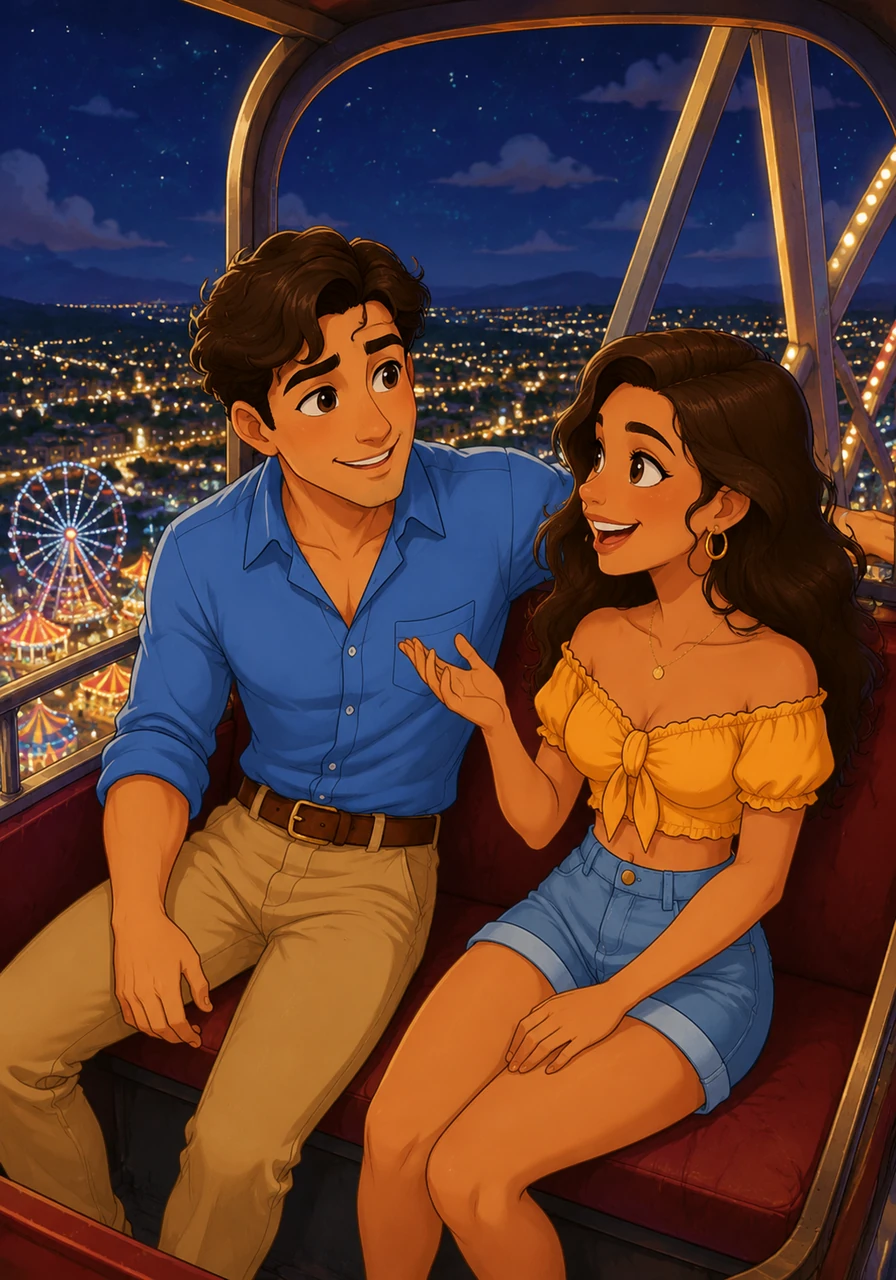 They ended up sharing a carriage, soaring high above the fairgrounds where the city lights stretched out like scattered diamonds. Conversation flowed effortlessly between them, as if they had known each other for years instead of minutes.