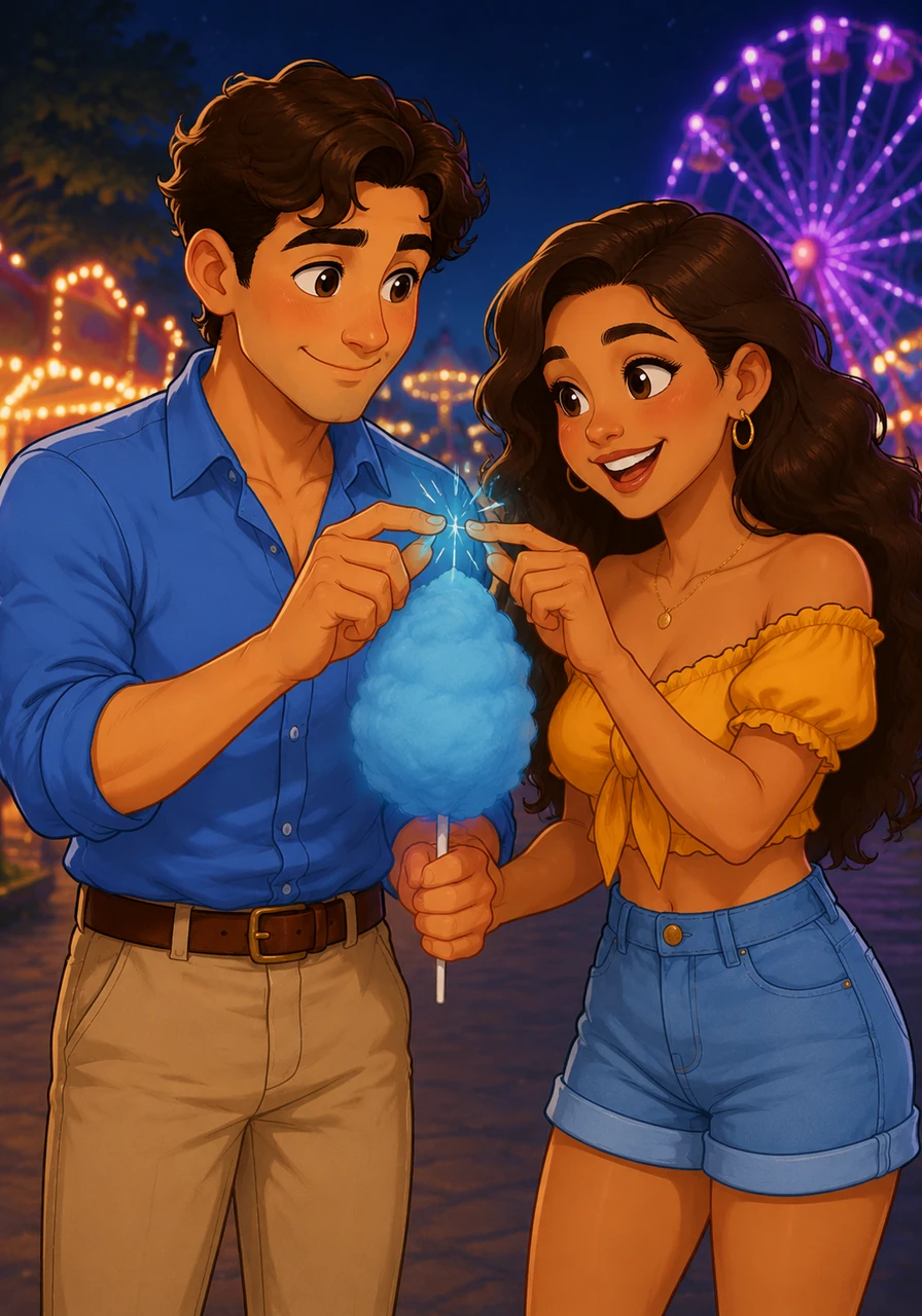 Back on the ground, they shared a stick of blue cotton candy, their fingers brushing as they reached for the sugary fluff. Every accidental touch sent a spark of excitement through Leo's veins, heightening the magic of the night.