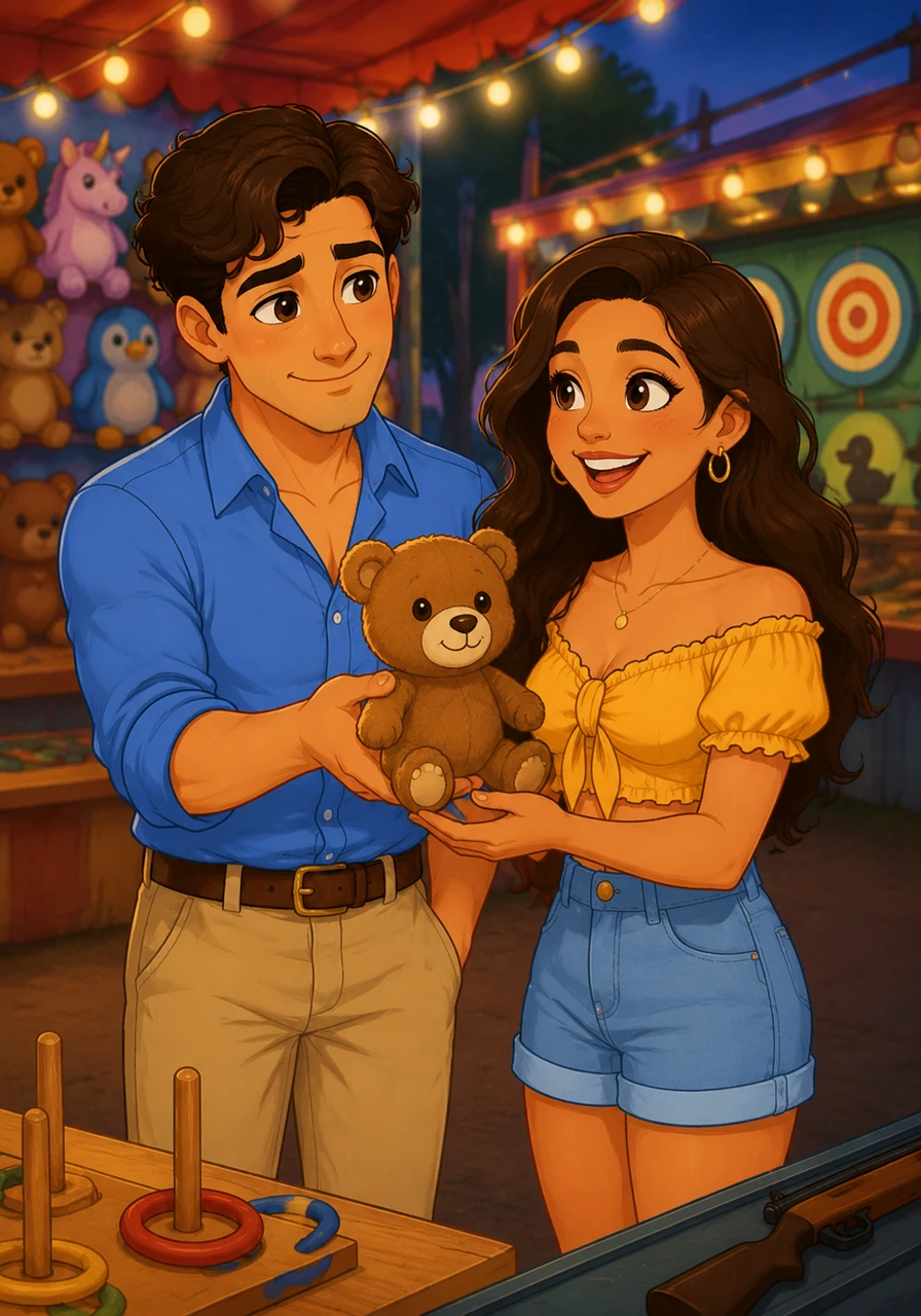 They spent the next hour competing at the ring toss and the shooting gallery, cheering each other on with playful banter. Leo won a small plush bear and handed it to Elena with a shy, charming smile that she warmly returned.