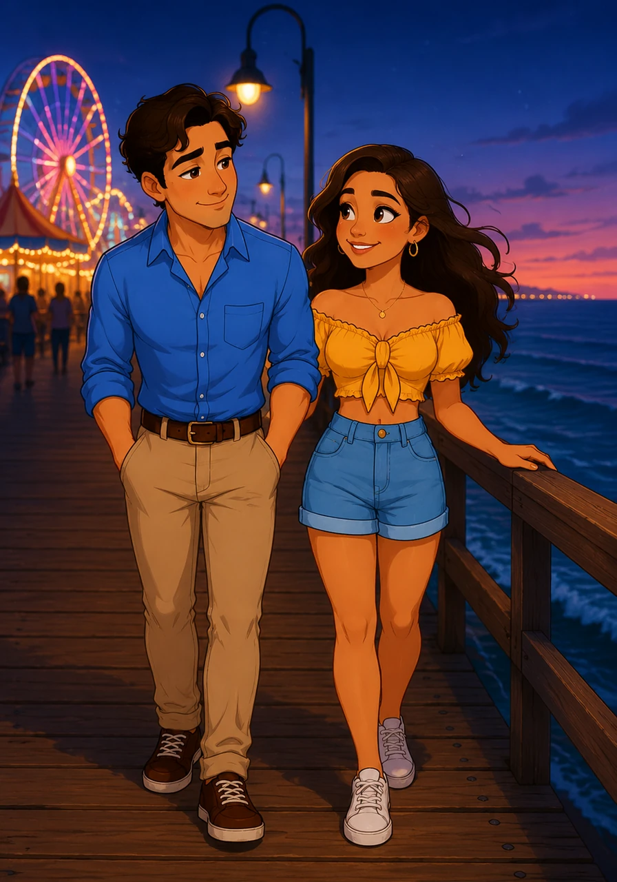 As the loud carnival music began to fade into the background, they wandered toward the quiet edge of the wooden pier. The cool ocean breeze provided a sharp contrast to the growing warmth and tension between them.