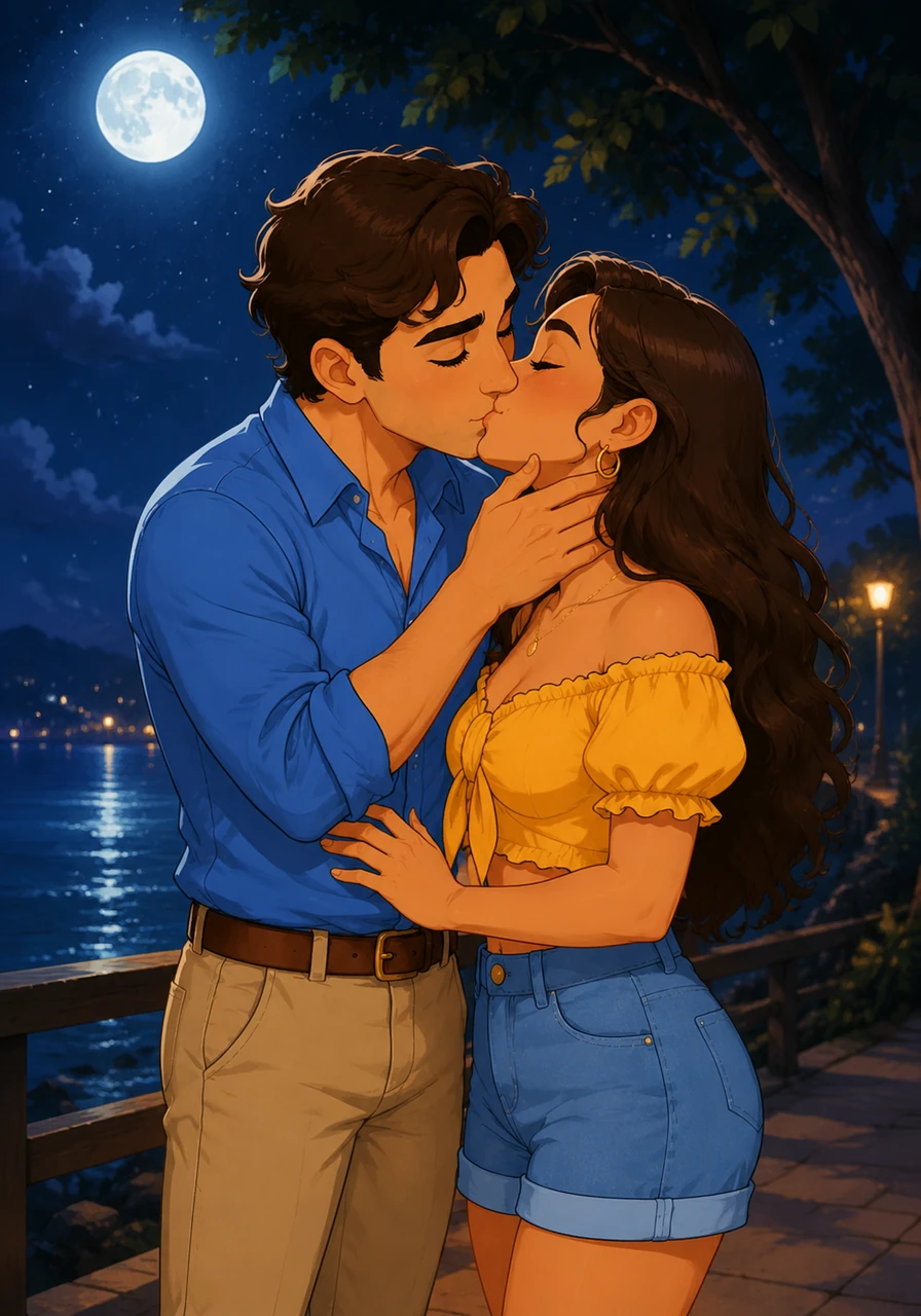 Under the silver glow of the moon, Leo reached out to tuck a stray lock of hair behind Elena's ear. He leaned in slowly, and their first kiss was soft, lingering, and filled with the promise of something much deeper.