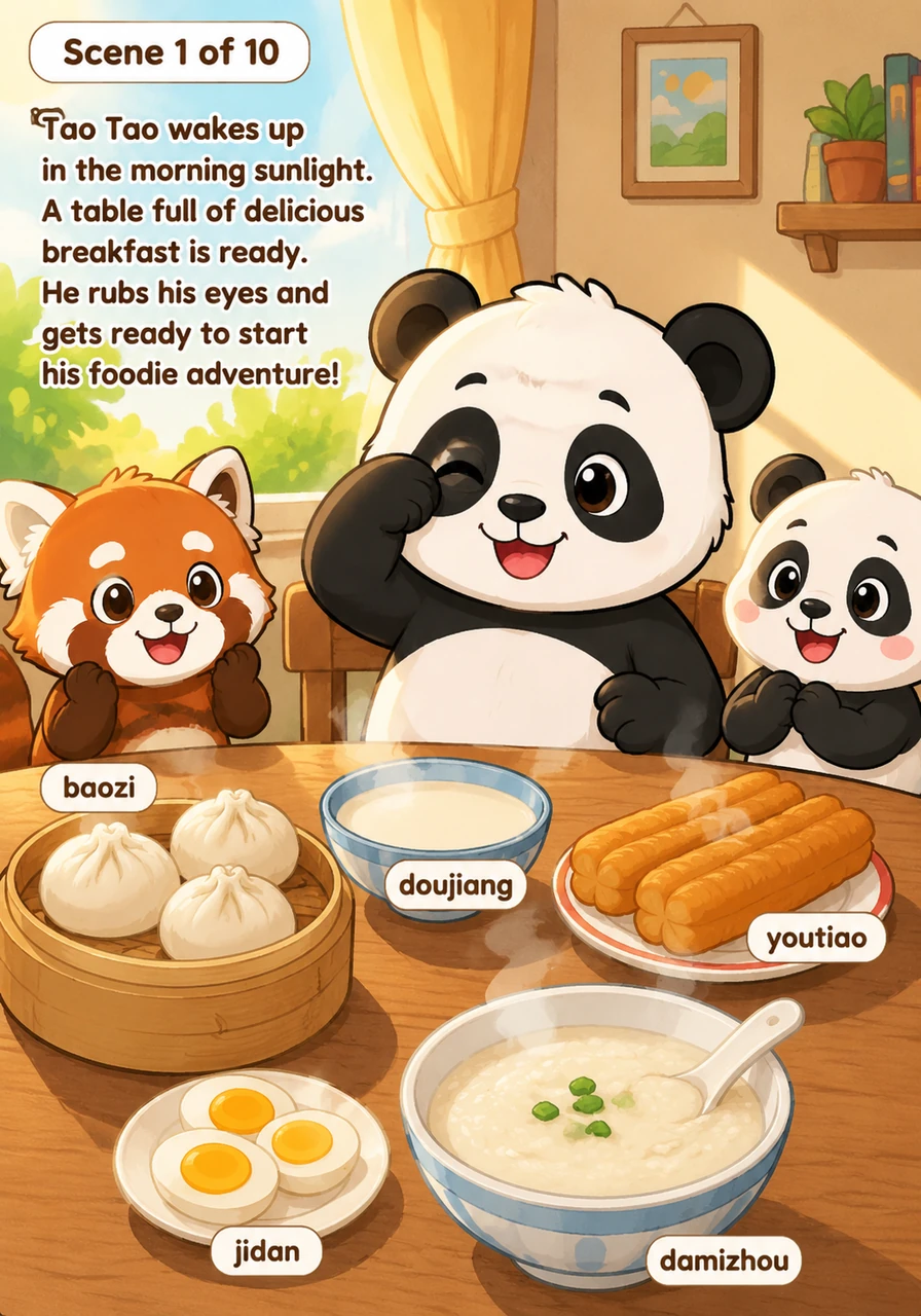 淘淘在清晨的阳光中醒来，餐桌上摆满了香喷喷的早餐：包子（baozi）、油条（youtiao）、豆浆（doujiang）、鸡蛋（jidan）、大米粥（damizhou）。他揉揉眼睛，准备开始一天的美食之旅。